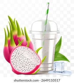 Copo de plástico transparente com suco de fruta de dragão ou pitaya smoothie. Xícara com tampa de cúpula de esfera para milkshake, limonada. Agite orgânico frutado com cubo de gelo. Coquetel de frutas. Modelo de vetor 3d realista