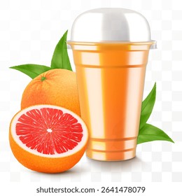 Clear plastic cup with grapefruit juice or smoothie. Cup with sphere dome cap for milkshake, lemonade. Fruity organic shake with ice cube. Fruit cocktail. Realistic 3d vector template