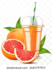 Clear plastic cup with grapefruit juice or smoothie. Cup with sphere dome cap for milkshake, lemonade. Fruity organic shake with ice cube. Fruit cocktail. Realistic 3d vector template