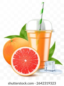 Clear plastic cup with grapefruit juice or smoothie. Cup with sphere dome cap for milkshake, lemonade. Fruity organic shake with ice cube. Fruit cocktail. Realistic 3d vector template