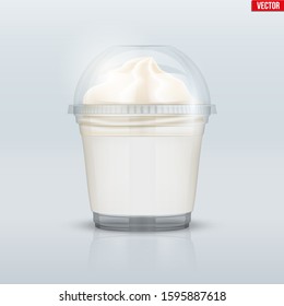 Clear plastic cup with ice cream and sphere dome cap. Plastic ice cream container with label. Vector Illustration on presentation background.