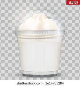 Clear plastic cup with ice cream and sphere dome cap. Plastic ice cream container with label. Vector Illustration on transparent background.