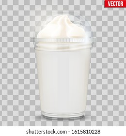 Clear plastic cup with ice cream and sphere dome cap. Ice cream container with label. Vector Illustration on transparent background.