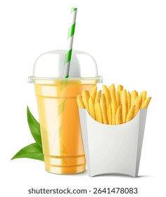 Clear plastic cup with juice or fruity smoothie and french fries. Cup with sphere dome cap for milkshake, lemonade. Organic shake. Fruit cocktail. Realistic 3d vector template