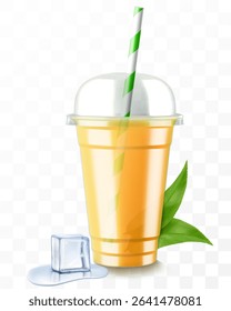 Clear plastic cup with juice or smoothie. Cup with sphere dome cap for milkshake, lemonade. Fruity organic shake with ice cube. Fruit cocktail. Realistic 3d vector template
