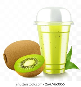 Clear plastic cup with kiwi juice or smoothie. Fruit cocktail. Cup with sphere dome cap for milkshake, lemonade, or cold soft drinks. Mug of fruity organic shake. Realistic 3d vector template