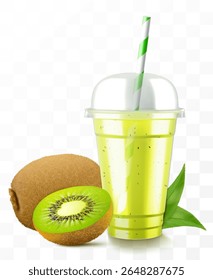 Xícara de plástico transparente com suco de kiwi ou smoothie. Coquetel de frutas. Xícara com tampa da cúpula da esfera para milkshake, limonada ou refrigerantes frios. Caneca de agitação orgânica frutada. Modelo de vetor 3d realista