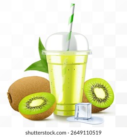 Clear plastic cup with kiwi juice or smoothie. Fruit cocktail. Cup with sphere dome cap for milkshake, lemonade, or cold soft drinks. Mug of fruity organic shake. Realistic 3d vector template