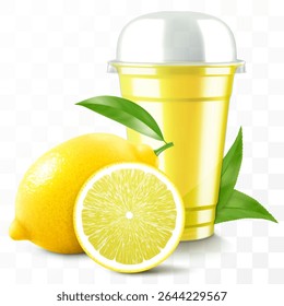 Xícara de plástico transparente com suco de limão ou smoothie. Xícara com tampa de cúpula de esfera para milkshake, limonada. Agite orgânico frutado com cubo de gelo. Coquetel de frutas. Modelo de vetor 3d realista
