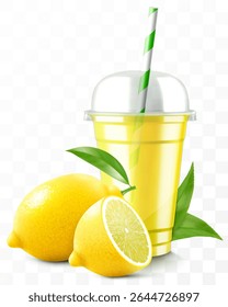 Xícara de plástico transparente com suco de limão ou smoothie. Xícara com tampa de cúpula de esfera para milkshake, limonada. Agite orgânico frutado com cubo de gelo. Coquetel de frutas. Modelo de vetor 3d realista