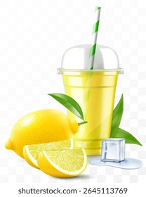 Xícara de plástico transparente com suco de limão ou smoothie. Xícara com tampa de cúpula de esfera para milkshake, limonada. Agite orgânico frutado com cubo de gelo. Coquetel de frutas. Modelo de vetor 3d realista
