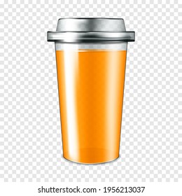 Clear plastic cup with lid filled with orange liquid on transparent background, realistic mock-up. Takeaway drink container, vector mockup. Template for design