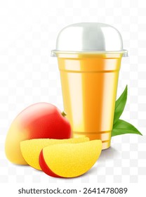 Clear plastic cup with mango juice or smoothie. Fruit cocktail. Cup with sphere dome cap for milkshake, lemonade, cold or hot drink. Mug of fruity organic shake. Realistic 3d vector template