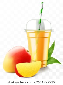 Clear plastic cup with mango juice or smoothie. Fruit cocktail. Cup with sphere dome cap for milkshake, lemonade, cold or hot drink. Mug of fruity organic shake. Realistic 3d vector template