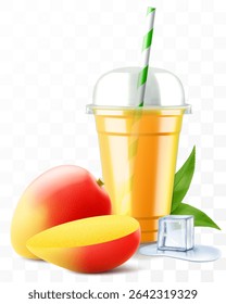 Clear plastic cup with mango juice or smoothie. Fruit cocktail. Cup with sphere dome cap for milkshake, lemonade, cold or hot drink. Mug of fruity organic shake. Realistic 3d vector template