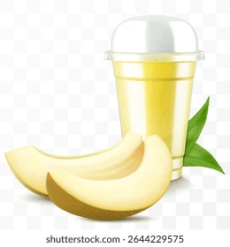 Clear plastic cup with melon juice or smoothie. Cup with sphere dome cap for milkshake, lemonade. Fruity organic shake. Fruit cocktail. Realistic 3d vector template