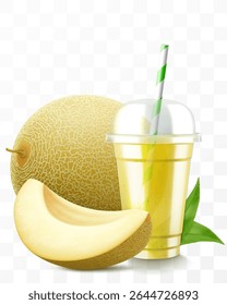 Clear plastic cup with melon juice or smoothie. Cup with sphere dome cap for milkshake, lemonade. Fruity organic shake. Fruit cocktail. Realistic 3d vector template