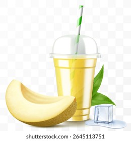 Xícara de plástico transparente com suco de melão ou smoothie. Xícara com tampa de cúpula de esfera para milkshake, limonada. Agitação orgânica frutada. Coquetel de frutas. Modelo de vetor 3d realista