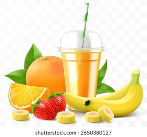 Clear plastic cup with multifruit juice or smoothie. Cup with sphere dome cap for milkshake, lemonade. Fruity organic shake with ice cube. Fruit cocktail. Realistic 3d vector template