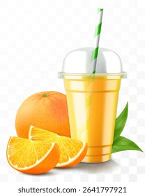 Clear plastic cup with orange juice or smoothie. Cup with sphere dome cap for milkshake, lemonade. Fruity organic shake with ice cube. Fruit cocktail. Realistic 3d vector template