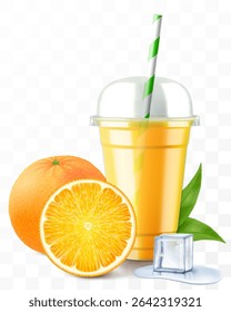 Clear plastic cup with orange juice or smoothie. Cup with sphere dome cap for milkshake, lemonade. Fruity organic shake with ice cube. Fruit cocktail. Realistic 3d vector template