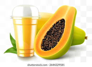 Clear plastic cup with papaya juice or smoothie. Fruit cocktail. Cup with sphere dome cap for milkshake, lemonade, cold or hot drink. Mug of fruity organic shake. Realistic 3d vector template