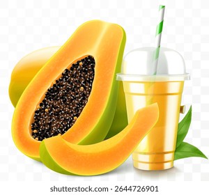 Clear plastic cup with papaya juice or smoothie. Fruit cocktail. Cup with sphere dome cap for milkshake, lemonade, cold or hot drink. Mug of fruity organic shake. Realistic 3d vector template