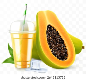 Copo de plástico transparente com suco de mamão ou smoothie. Coquetel de frutas. Copo com tampa da cúpula da esfera para milkshake, limonada, bebida fria ou quente. Caneca de agitação orgânica frutada. Modelo de vetor 3d realista