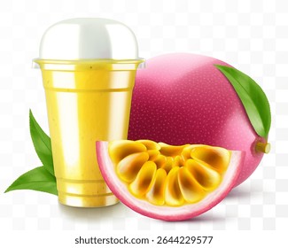 Clear plastic cup with passion fruit juice or smoothie. Fruit cocktail. Cup with sphere dome cap for milkshake, lemonade, cold or hot drink. Mug of fruity organic shake. Realistic 3d vector template