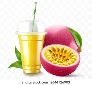 Clear plastic cup with passion fruit juice or smoothie. Fruit cocktail. Cup with sphere dome cap for milkshake, lemonade, cold or hot drink. Mug of fruity organic shake. Realistic 3d vector template