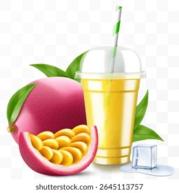 Copo de plástico transparente com suco de maracujá ou smoothie. Coquetel de frutas. Copo com tampa da cúpula da esfera para milkshake, limonada, bebida fria ou quente. Caneca de agitação orgânica frutada. Modelo de vetor 3d realista