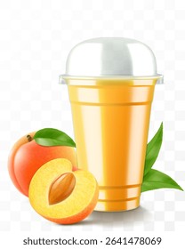 Clear plastic cup with peach or apricot juice or smoothie. Cup with sphere dome cap for milkshake, lemonade. Fruity organic shake. Fruit cocktail. Realistic 3d vector template