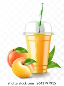 Clear plastic cup with peach or apricot juice or smoothie. Cup with sphere dome cap for milkshake, lemonade. Fruity organic shake. Fruit cocktail. Realistic 3d vector template