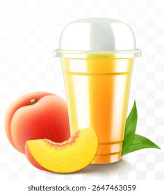 Xícara de plástico transparente com suco de pêssego ou smoothie. Coquetel de frutas. Copo com tampa da cúpula da esfera para milkshake, limonada, bebida fria ou quente. Caneca de agitação orgânica frutada. Modelo de vetor 3d realista