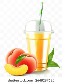Xícara de plástico transparente com suco de pêssego ou smoothie. Coquetel de frutas. Copo com tampa da cúpula da esfera para milkshake, limonada, bebida fria ou quente. Caneca de agitação orgânica frutada. Modelo de vetor 3d realista