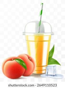 Clear plastic cup with peach juice or smoothie. Fruit cocktail. Cup with sphere dome cap for milkshake, lemonade, cold or hot drink. Mug of fruity organic shake. Realistic 3d vector template
