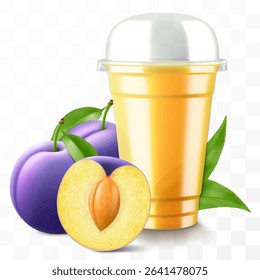 Clear plastic cup with plum juice or smoothie. Fruit cocktail. Cup with sphere dome cap for milkshake, lemonade, cold or hot drink. Mug of fruity organic shake. Realistic 3d vector template