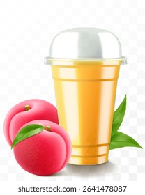 Clear plastic cup with plum juice or smoothie. Fruit cocktail. Cup with sphere dome cap for milkshake, lemonade, cold or hot drink. Mug of fruity organic shake. Realistic 3d vector template