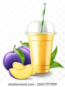 Clear plastic cup with plum juice or smoothie. Fruit cocktail. Cup with sphere dome cap for milkshake, lemonade, cold or hot drink. Mug of fruity organic shake. Realistic 3d vector template