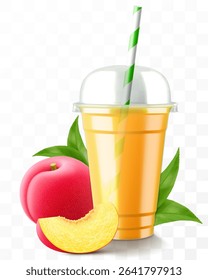Clear plastic cup with plum juice or smoothie. Fruit cocktail. Cup with sphere dome cap for milkshake, lemonade, cold or hot drink. Mug of fruity organic shake. Realistic 3d vector template