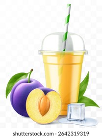 Clear plastic cup with plum juice or smoothie. Fruit cocktail. Cup with sphere dome cap for milkshake, lemonade, cold or hot drink. Mug of fruity organic shake. Realistic 3d vector template