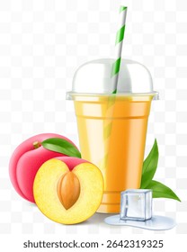 Clear plastic cup with plum juice or smoothie. Fruit cocktail. Cup with sphere dome cap for milkshake, lemonade, cold or hot drink. Mug of fruity organic shake. Realistic 3d vector template