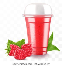 Clear plastic cup with raspberry juice or smoothie. Cup with sphere dome cap for milkshake, lemonade. Fruity organic shake with ice cube. Fruit cocktail. Realistic 3d vector template