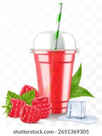 Clear plastic cup with raspberry juice or smoothie. Cup with sphere dome cap for milkshake, lemonade. Fruity organic shake with ice cube. Fruit cocktail. Realistic 3d vector template