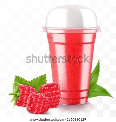 Clear plastic cup with raspberry juice or smoothie. Cup with sphere dome cap for milkshake, lemonade. Fruity organic shake with ice cube. Fruit cocktail. Realistic 3d vector template