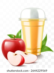 Copo de plástico transparente com suco de maçã vermelho ou smoothie. Xícara com tampa de cúpula de esfera para milkshake, limonada. Agite orgânico frutado com cubo de gelo. Coquetel de frutas. Modelo de vetor 3d realista
