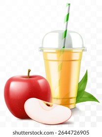 Copo de plástico transparente com suco de maçã vermelho ou smoothie. Xícara com tampa de cúpula de esfera para milkshake, limonada. Agite orgânico frutado com cubo de gelo. Coquetel de frutas. Modelo de vetor 3d realista