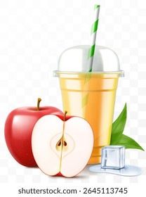 Copo de plástico transparente com suco de maçã vermelho ou smoothie. Xícara com tampa de cúpula de esfera para milkshake, limonada. Agite orgânico frutado com cubo de gelo. Coquetel de frutas. Modelo de vetor 3d realista