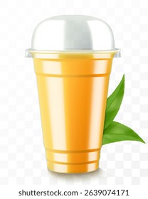 Clear plastic cup with sphere dome cap for milkshake, lemonade, smoothie. Container for cold, hot drink. Mug of fruity organic shake. Fruit cocktail. Realistic 3d vector template