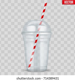 Clear plastic cup with sphere dome cap and tube. For milkshake and lemonade and smoothie. Vector Illustration on transparent background.